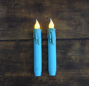 Set of (2) Two Grungy Distressed Turquoise 7 inch LED Wax Dipped Taper Candles with Timer, Battery Operated Candles, Country Home Decor