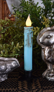 Set of (2) Two Grungy Distressed Turquoise 7 inch LED Wax Dipped Taper Candles with Timer, Battery Operated Candles, Country Home Decor