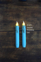 Load image into Gallery viewer, Set of (2) Two Grungy Distressed Turquoise 7 inch LED Wax Dipped Taper Candles with Timer, Battery Operated Candles, Country Home Decor