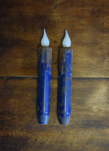 Set of TWO Grungy Blue 7 inch LED Wax Dipped Taper Candles with Timer, Battery Operated Flameless Candles, Country Primitive Home Decor