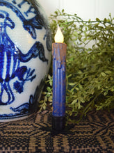 Load image into Gallery viewer, Set of TWO Grungy Blue 7 inch LED Wax Dipped Taper Candles with Timer, Battery Operated Flameless Candles, Country Primitive Home Decor