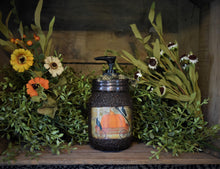 Load image into Gallery viewer, Fall, Harvest, Primitive Crows and Pumpkin Patch Label, Soap Dispenser, Grubby Mason Jar w/Soap Pump, Country Primitive Bathroom Decor