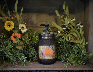 Fall, Harvest, Primitive Crows and Pumpkin Patch Label, Soap Dispenser, Grubby Mason Jar w/Soap Pump, Country Primitive Bathroom Decor