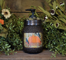 Load image into Gallery viewer, Fall, Harvest, Primitive Crows and Pumpkin Patch Label, Soap Dispenser, Grubby Mason Jar w/Soap Pump, Country Primitive Bathroom Decor