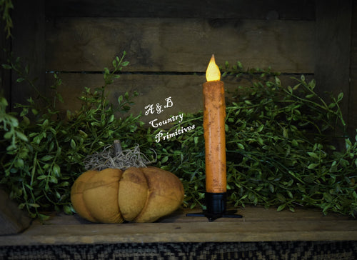 Set of (2) Two Harvest Orange Grungy/Grubby 7 inch LED Wax Dipped Battery Operated Flameless Timer Taper Candles, Primitive Home Decor