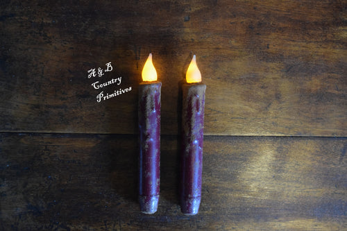 Set of TWO Burgundy 7 inch LED Wax Dipped Taper Candles with Timer, Battery Operated Flameless Candles, Country Primitive Home Decor