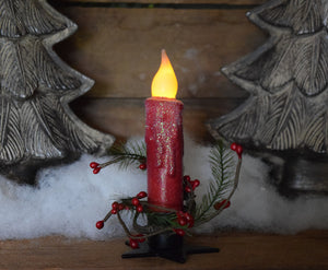 Set of TWO (2) Winter, "Snowy" Red 4 inch LED Wax Dipped Taper Candles with Timer, Battery Operated Flameless Candles, Country Primitive