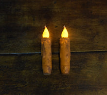 Load image into Gallery viewer, Set of (2) Two Harvest Orange Grungy 4 inch LED Wax Dipped Battery Operated Flameless Timer Taper Candles, Country Primitive Home Decor