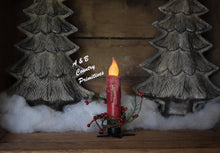 Load image into Gallery viewer, Set of TWO (2) Winter, &quot;Snowy&quot; Red 4 inch LED Wax Dipped Taper Candles with Timer, Battery Operated Flameless Candles, Country Primitive