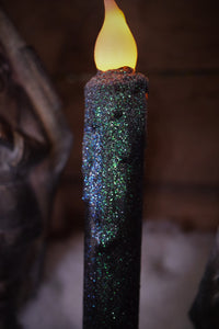 Set of TWO (2) "Starry Night" Black Glitter 7 inch LED Wax Dipped Taper Candles with Timer, Battery Operated Candles, Country Primitive