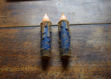 Load image into Gallery viewer, Set of TWO Grungy Blue 4 inch LED Wax Dipped Taper Candles with Timer, Battery Operated Flameless Candles, Country Primitive Home Decor