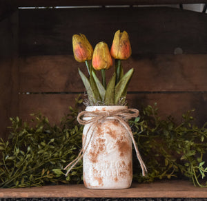 Grungy Pint Mason Jar and Tulip Arrangement, Real-feel, Real-Touch Tulip arrangement Vintage style Mason Jar Arrangement Centerpiece