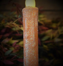 Load image into Gallery viewer, Set of TWO (2) Orange Glitter 7 inch LED Wax Dipped Taper Candles with Timer, Battery Operated Candles, Country Primitive