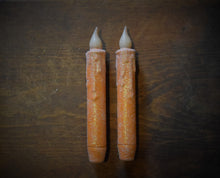 Load image into Gallery viewer, Set of TWO (2) Orange Glitter 7 inch LED Wax Dipped Taper Candles with Timer, Battery Operated Candles, Country Primitive