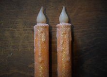 Load image into Gallery viewer, Set of TWO (2) Orange Glitter 7 inch LED Wax Dipped Taper Candles with Timer, Battery Operated Candles, Country Primitive