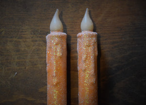 Set of TWO (2) Orange Glitter 7 inch LED Wax Dipped Taper Candles with Timer, Battery Operated Candles, Country Primitive