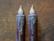 Load image into Gallery viewer, Set of TWO (2) Burgundy Glitter 7 inch LED Wax Dipped Taper Candles with Timer, Battery Operated Candles, Country Primitive