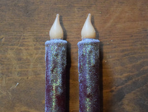 Set of TWO (2) Burgundy Glitter 7 inch LED Wax Dipped Taper Candles with Timer, Battery Operated Candles, Country Primitive