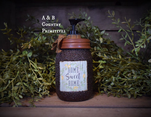 Home Sweet Home, Hand Soap Dispenser, Grubby Mason Jar with Soap Pump, Summer Flowers & Lemons, Country Farmhouse Bathroom Soap