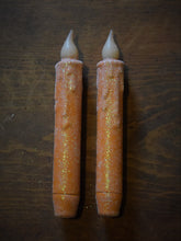 Load image into Gallery viewer, Set of TWO (2) Orange Glitter 7 inch LED Wax Dipped Taper Candles with Timer, Battery Operated Candles, Country Primitive