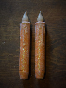 Set of TWO (2) Orange Glitter 7 inch LED Wax Dipped Taper Candles with Timer, Battery Operated Candles, Country Primitive