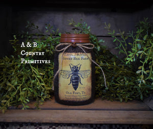Grubby Coated Mason Jar "Little River Honey Bee Farm" Pantry Label, Farmhouse Kitchen Decor, Country Primitive Decor, Kitchen Storage