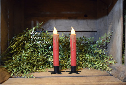 Set of TWO Red Grungy 7 inch LED Wax Dipped Taper Candles with Timer, Battery Operated Flameless Candles, Country Primitive Home Decor