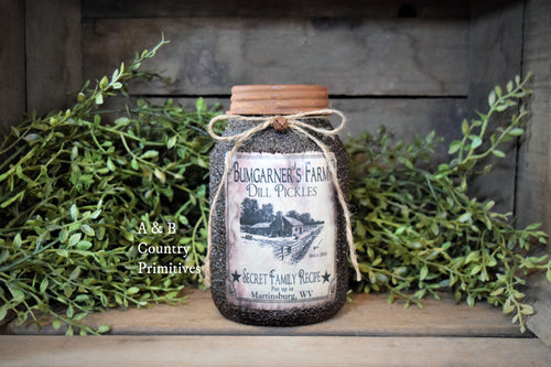 Grubby Coated Mason Jar w/ Vintage Pantry Label - Bumgarner's Farm Dill Pickles, Farmhouse Kitchen Decor, Country Primitive, Kitchen Storage