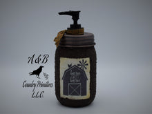 Load image into Gallery viewer, Barn Sweet Barn Soap Dispenser, Grubby Mason Jar with Soap Pump, Country Farmhouse Bathroom Soap Dispenser
