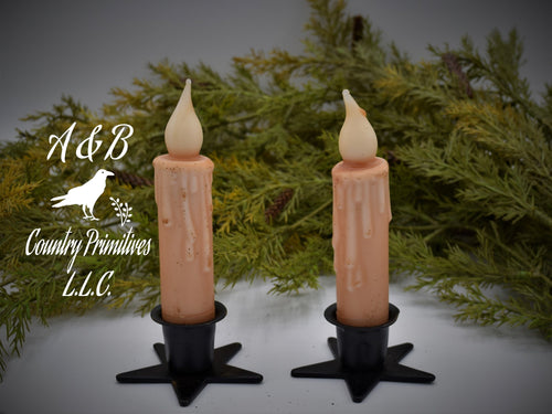 Set of (2) Two Grungy Cream 4 inch LED Wax Dipped Battery Operated Flameless Timer Taper Candles, Country Primitive Home Decor and Crafting