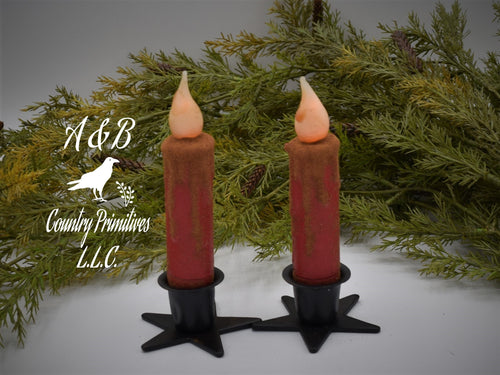 Set of (2) Two Red Grungy (4 inch) LED Wax Dipped Battery Operated Flameless Timer Taper Candles, Country Primitive Home Decor