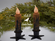 Load image into Gallery viewer, Set of (2) Two Black Grungy/Grubby 4 inch LED Wax Dipped Taper Candles with Timer, Battery Operated Flameless Candles, Primitive Home Decor