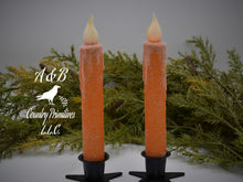 Load image into Gallery viewer, Set of TWO (2) Orange Glitter 7 inch LED Wax Dipped Taper Candles with Timer, Battery Operated Candles, Country Primitive