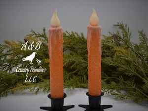 Set of TWO (2) Orange Glitter 7 inch LED Wax Dipped Taper Candles with Timer, Battery Operated Candles, Country Primitive