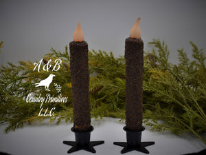 Set of (2) Two Grubby 7 inch LED Wax Dipped Taper Candles with Timer, Battery Operated Candles, Rustic Country Primitive Home Decor
