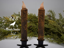 Load image into Gallery viewer, Set of (2) Two Primitive Grubby 7 inch LED Wax Dipped Taper Candles with Timer, Battery Operated Candle, Rustic Country Primitive Home Decor