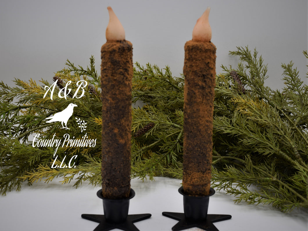 Set of (2) Two Primitive Grubby 7 inch LED Wax Dipped Taper Candles with Timer, Battery Operated Candle, Rustic Country Primitive Home Decor