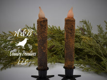 Load image into Gallery viewer, Set of (2) Two Primitive Grubby 7 inch LED Wax Dipped Taper Candles with Timer, Battery Operated Candle, Rustic Country Primitive Home Decor