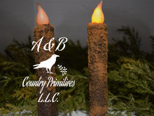 Load image into Gallery viewer, Set of (2) Two Primitive Grubby 7 inch LED Wax Dipped Taper Candles with Timer, Battery Operated Candle, Rustic Country Primitive Home Decor