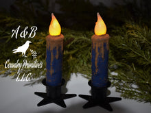 Load image into Gallery viewer, Set of TWO Grungy Blue 4 inch LED Wax Dipped Taper Candles with Timer, Battery Operated Flameless Candles, Country Primitive Home Decor