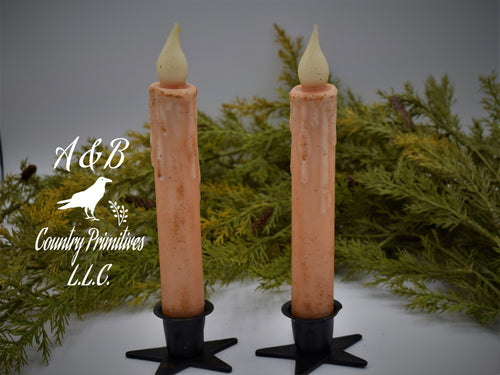 Set of (2) Two Grungy Cream 7 inch LED Wax Dipped Taper Candles with Timer, Battery Operated Candles, Rustic Country Primitive Home Decor