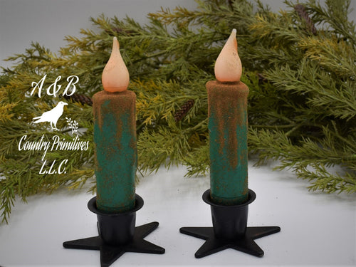 Set of TWO (2) Malachite, Vintage Green, 4 inch LED Wax Dipped Taper Candles with Timer, Battery Operated Candles, Country Primitive