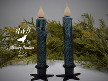 Load image into Gallery viewer, Set of TWO (2) &quot;Starry Night&quot; Black Glitter 7 inch LED Wax Dipped Taper Candles with Timer, Battery Operated Candles, Country Primitive