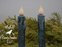 Load image into Gallery viewer, Set of TWO (2) &quot;Starry Night&quot; Black Glitter 7 inch LED Wax Dipped Taper Candles with Timer, Battery Operated Candles, Country Primitive