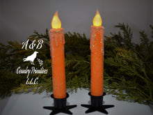 Load image into Gallery viewer, Set of TWO (2) Orange Glitter 7 inch LED Wax Dipped Taper Candles with Timer, Battery Operated Candles, Country Primitive