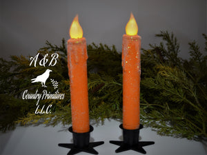 Set of TWO (2) Orange Glitter 7 inch LED Wax Dipped Taper Candles with Timer, Battery Operated Candles, Country Primitive