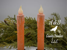 Load image into Gallery viewer, Set of TWO (2) Orange Glitter 7 inch LED Wax Dipped Taper Candles with Timer, Battery Operated Candles, Country Primitive