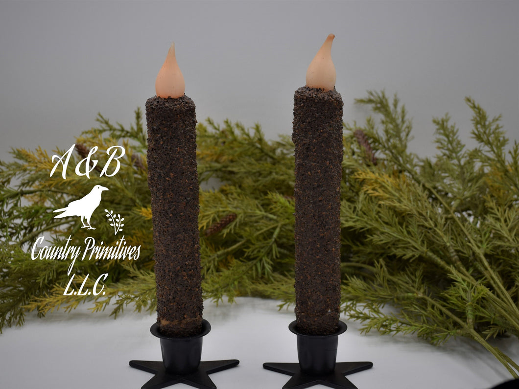 Set of (2) Two Grubby 7 inch LED Wax Dipped Taper Candles with Timer, Battery Operated Candles, Rustic Country Primitive Home Decor