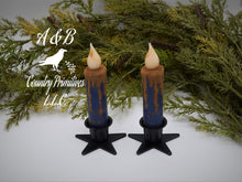 Load image into Gallery viewer, Set of TWO Grungy Blue 4 inch LED Wax Dipped Taper Candles with Timer, Battery Operated Flameless Candles, Country Primitive Home Decor