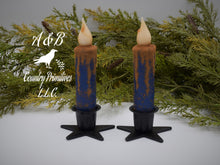 Load image into Gallery viewer, Set of TWO Grungy Blue 4 inch LED Wax Dipped Taper Candles with Timer, Battery Operated Flameless Candles, Country Primitive Home Decor